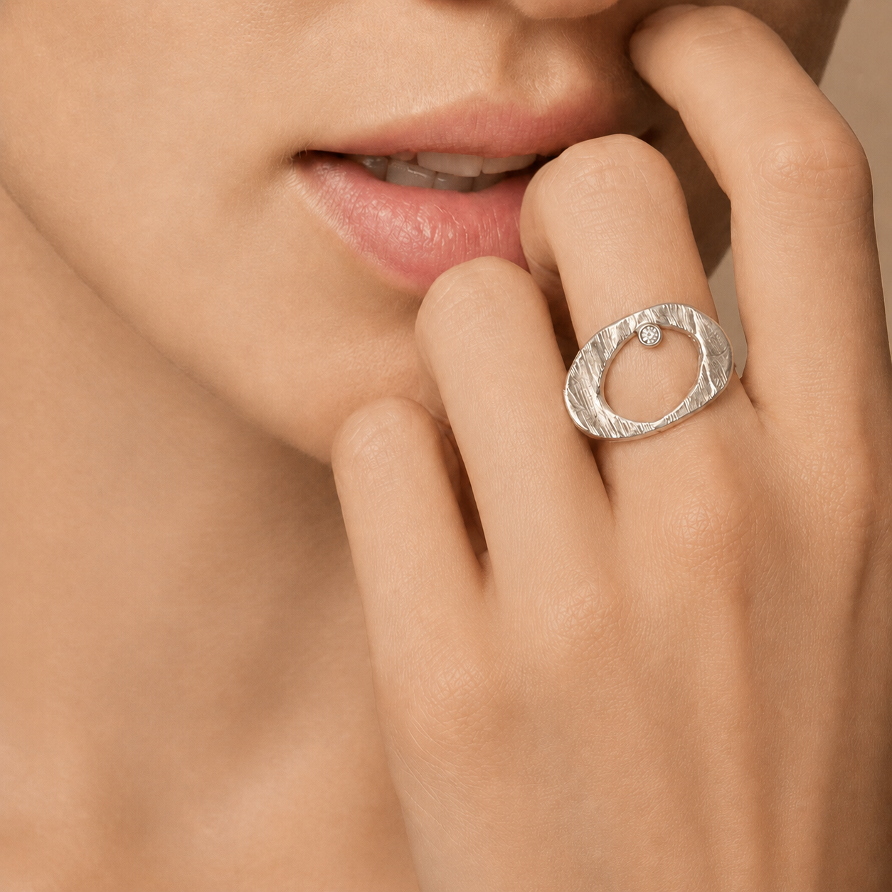 Close up of Model wearing Silver Ovum Ring