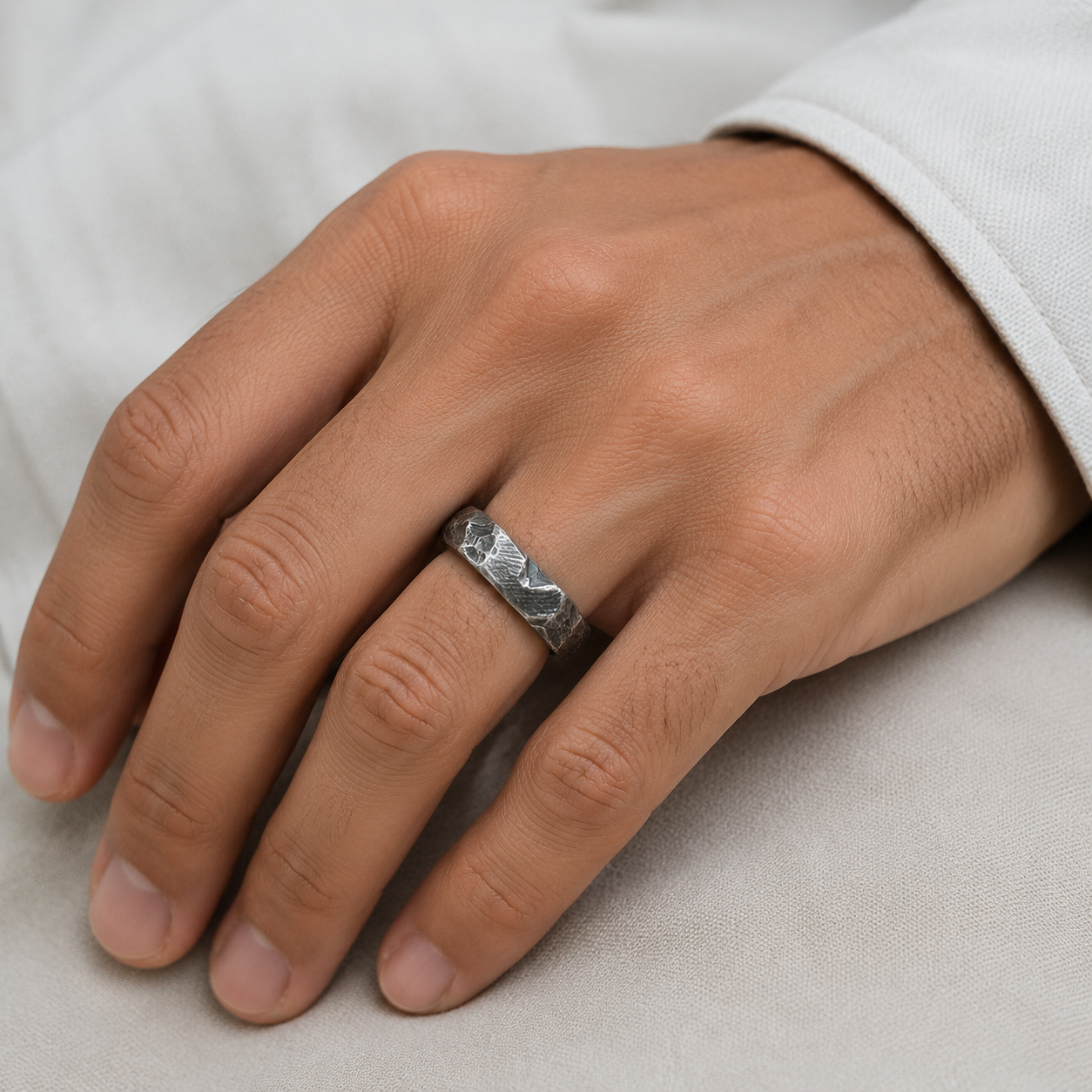 Male Model wearing Solar Terrain Ring in Silver