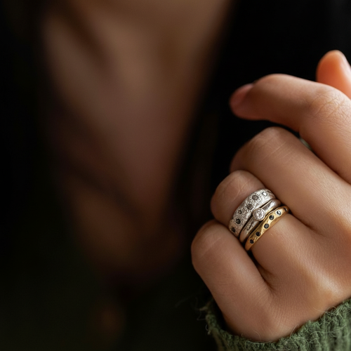 From the beautiful classic white diamond found in the Devotion Ring, the one of a kind salt and pepper diamonds featured in the Thrive Ring, and the mystic black diamonds known for their grounding positive energy that are seen in the Constellation Ring, this stack is undeniably for every woman that loves diamonds!