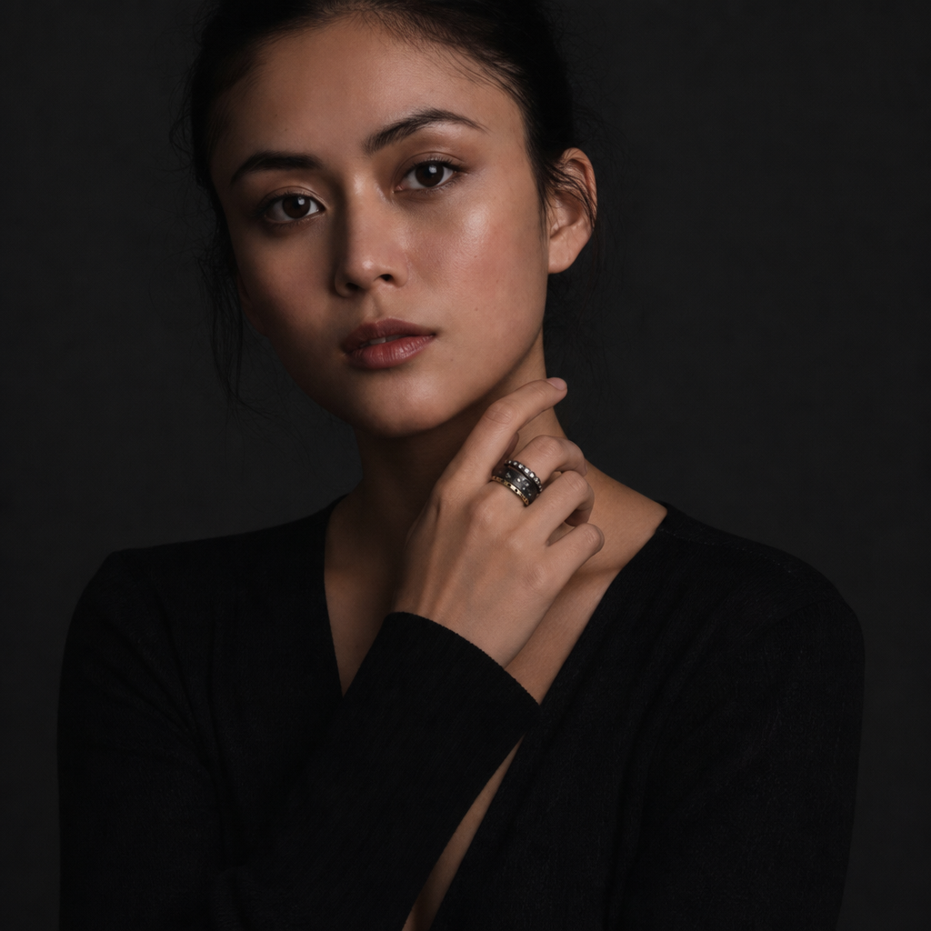 Venus, Mystic Radiance, and Ritual Noir Rings on model