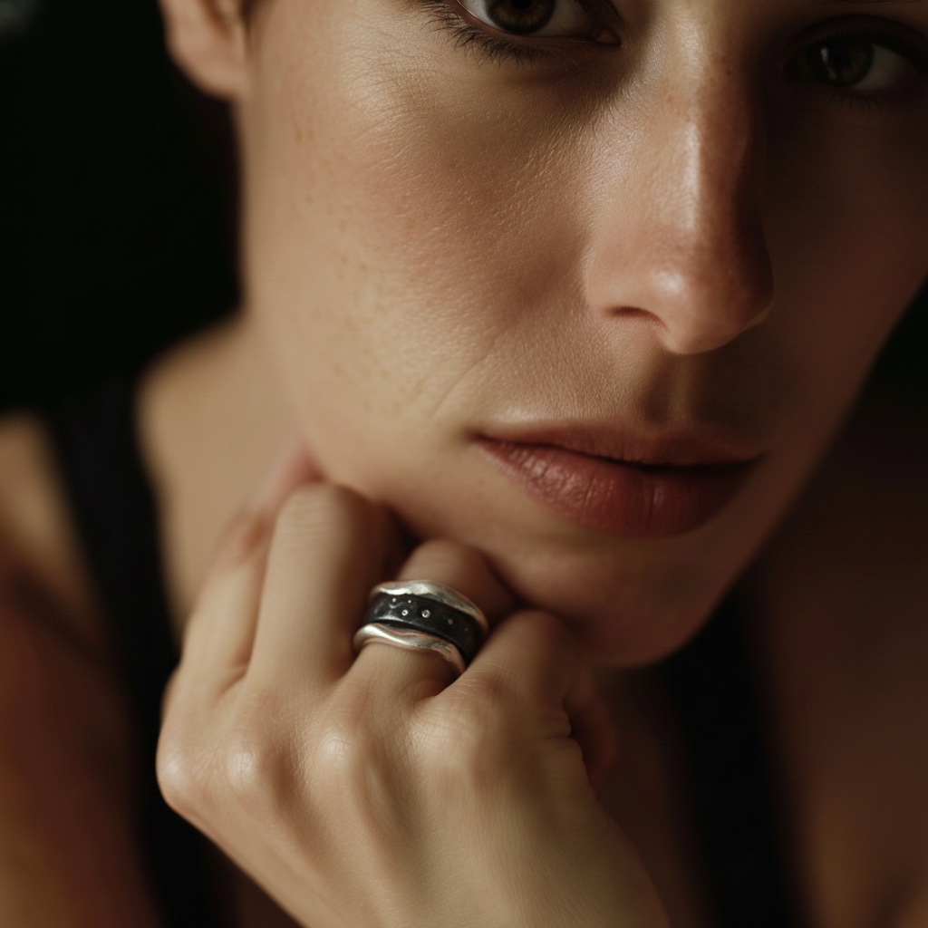 Venus Ring worn with Silver Element Rings