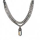 We've combined two cool oxidized sterling chains - one is a chunky flat curb & the other a large link oval on this layered necklace. You can add a few Talisman to the Sterling Lock Connector and turn up the volume!