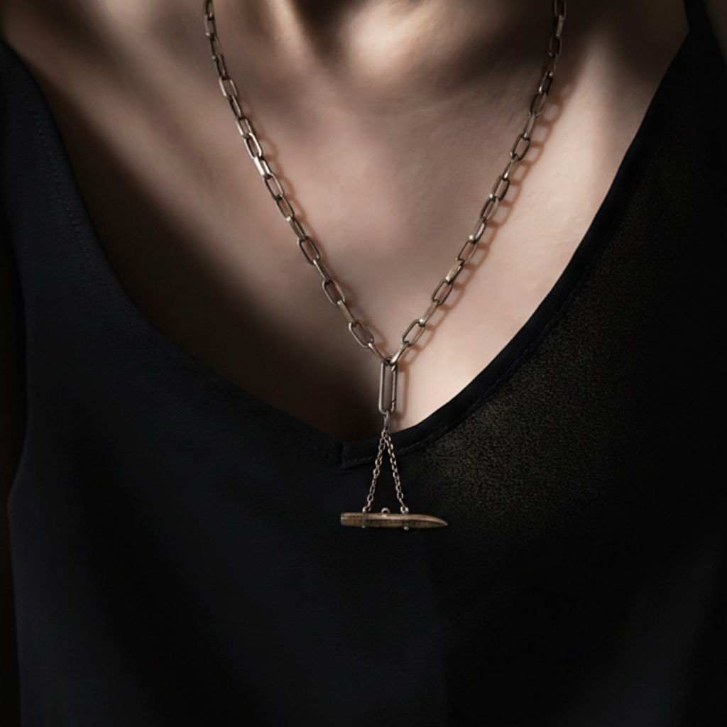 Balance Talisman Pendant on Silver Oxidized Chain and Silver Paper Clip Connector shown on Model