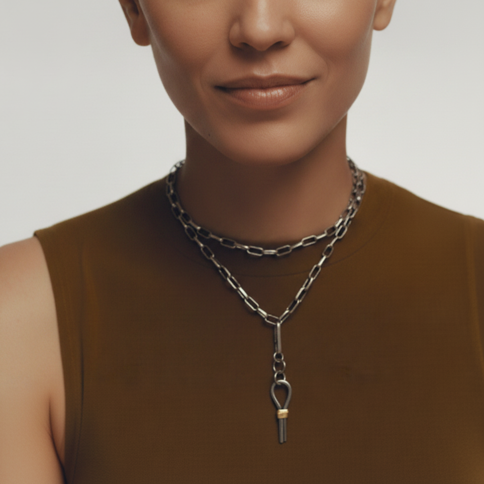Compassion Talisman Pendant on 32" Oxidized Silver Chain shown doubled