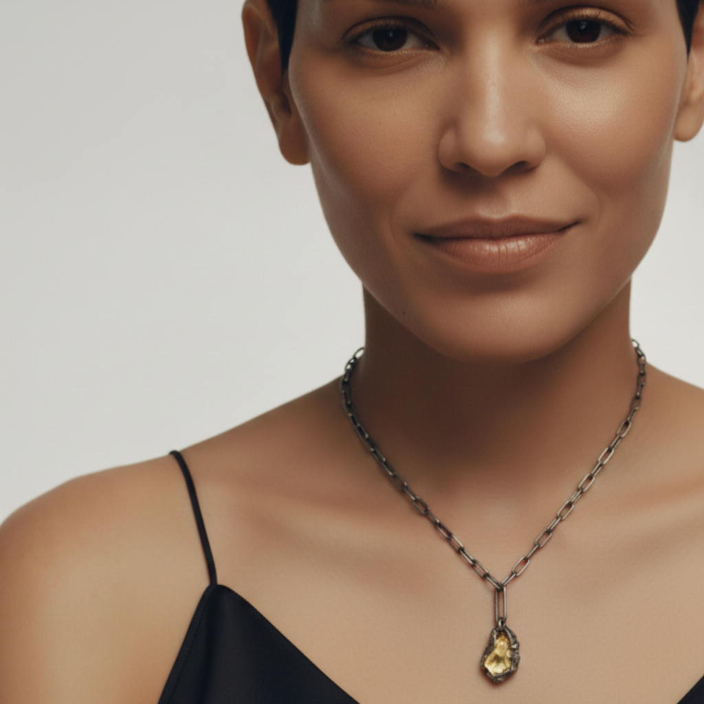 Model wearing Gratitude Talisman Pendant in Silver with Keum Boo on Oxidized Silver Chain and Silver Paper Clip Connector