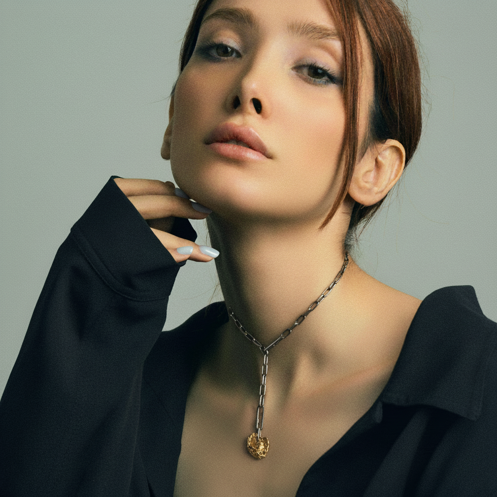 Love Talisman Pendant in Bronze on Oxidized silver Chain worn lariat style