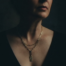 Passage Talisman Pendant on the Gold Link Chain with the Fine Layered Chain on a model