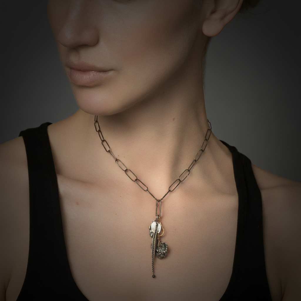 TALISMAN COMBINATION OF STRENGTH BL DIAMOND + REFELCTION + LOVE SS ON PAPER CLIP CHAIN AND BRASS TEARDROP CONNECTOR ON MODEL