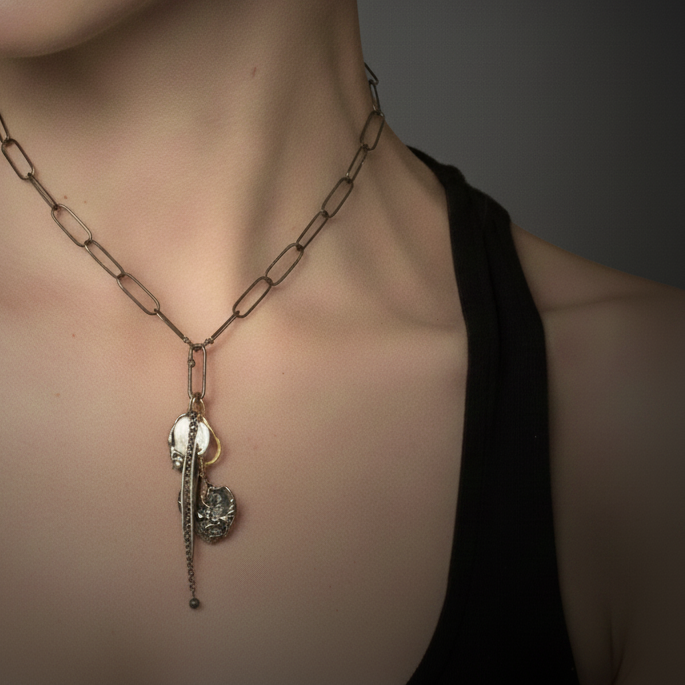 Talisman combination of Strength with black diamond + Reflection + Love SS on Paper Clip Chain and Brass Connector. 