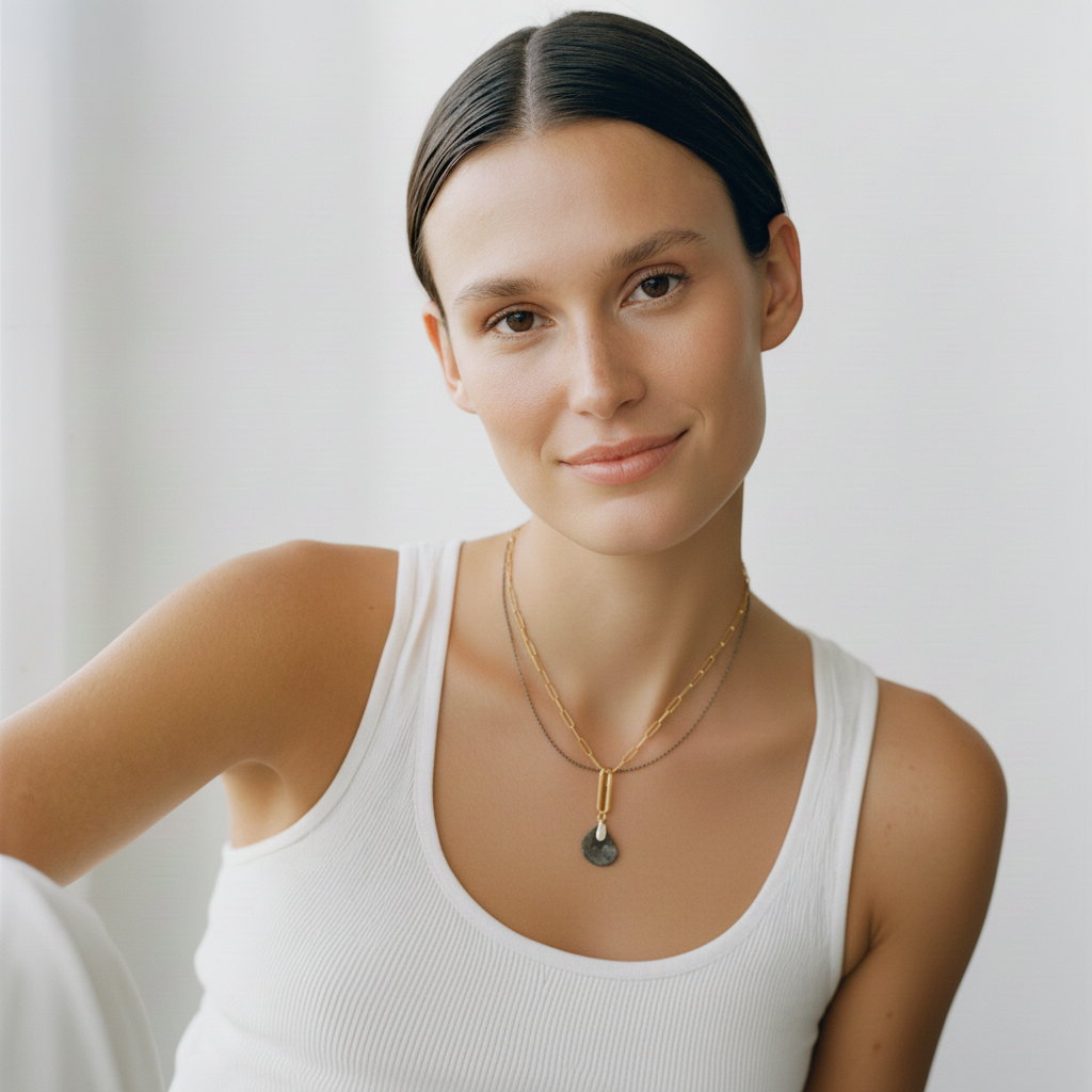 Wisdom Talisman Pendant on Fine Layered Chain on Model