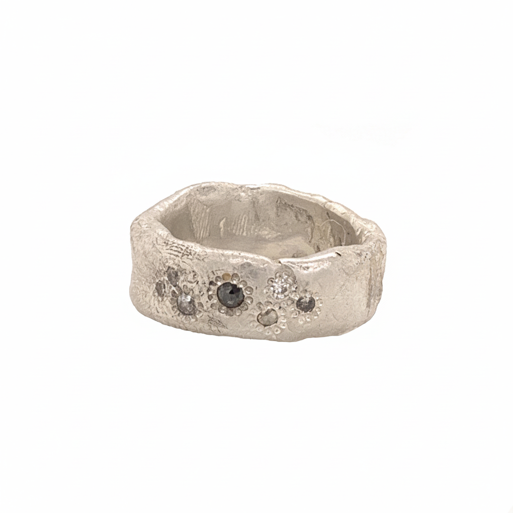 The Thrive Ring is for anyone who wants to bask in timeless beauty.  Designed with the essence of wabi-sabi, each ring is handcrafted using only the finest metals and salt and pepper diamonds. This type of diamond features a range of black & white inclusions with no two the same, making each as unique and individual as you are. 