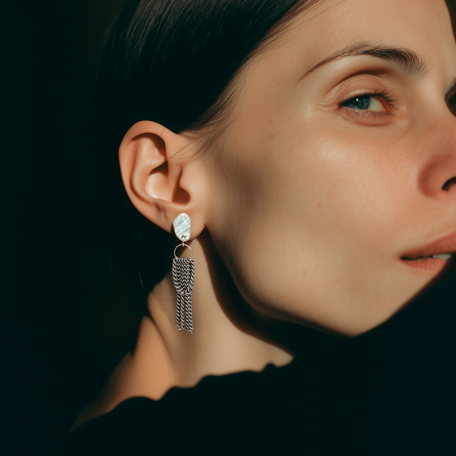 Cascade Stud Earrings in Silver on Model 