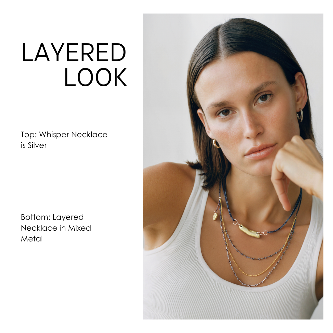 Woman wearing layered necklaces with text indicating necklace types.