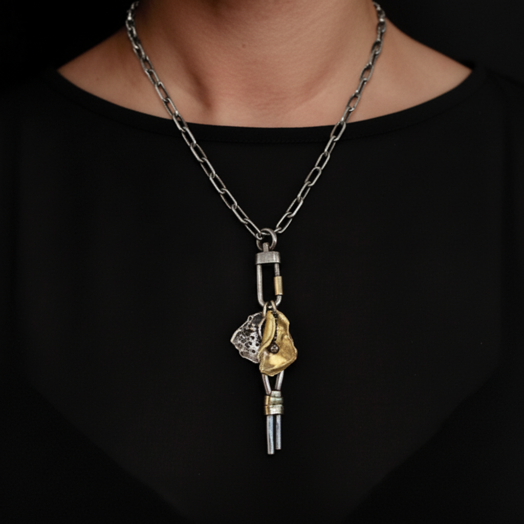 Gratitude Talisman Pendant in Bronze with Compassion and Wisdom on Lock Connector featured on the Oxidized Silver Chain. 