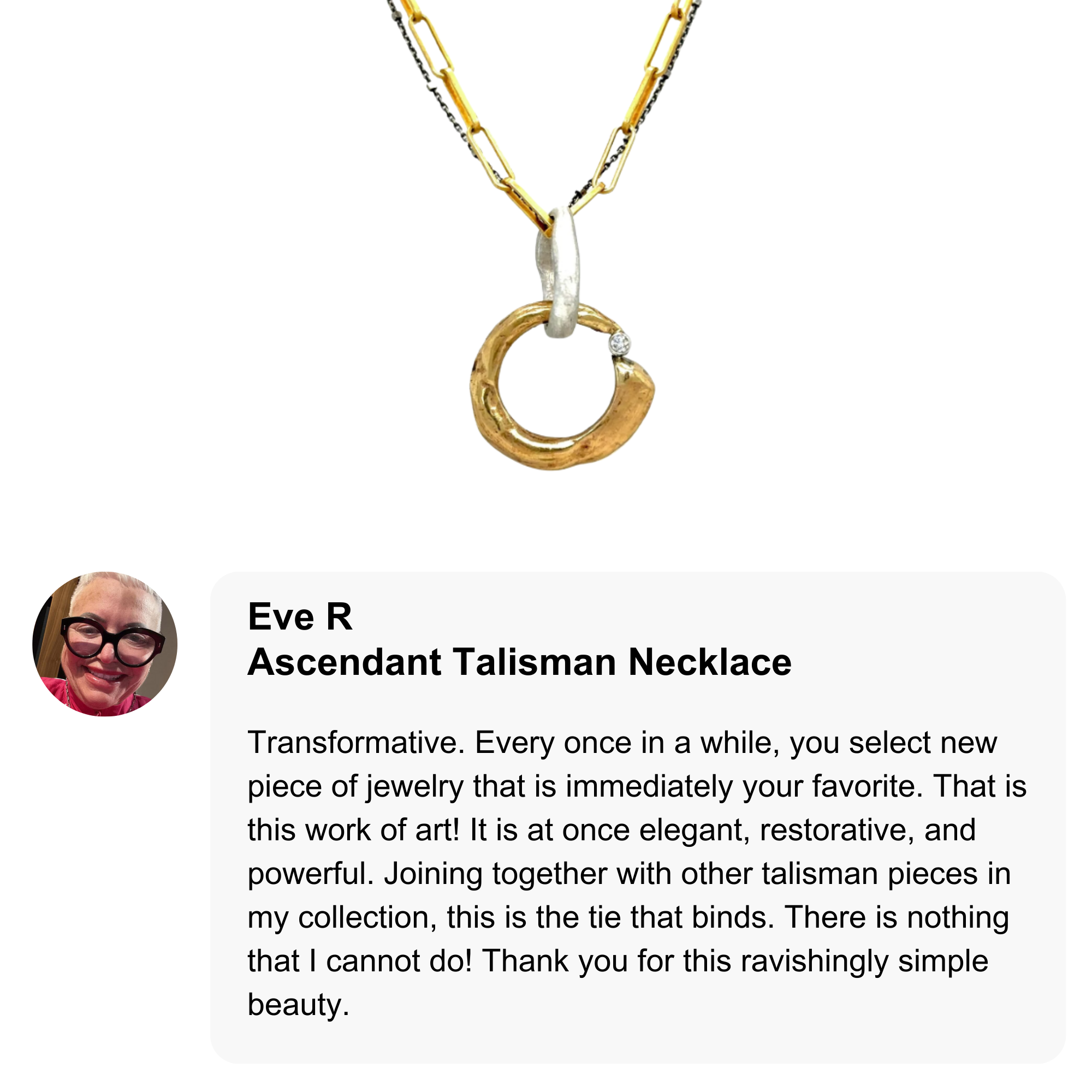 gold pendant on white background with a customer review