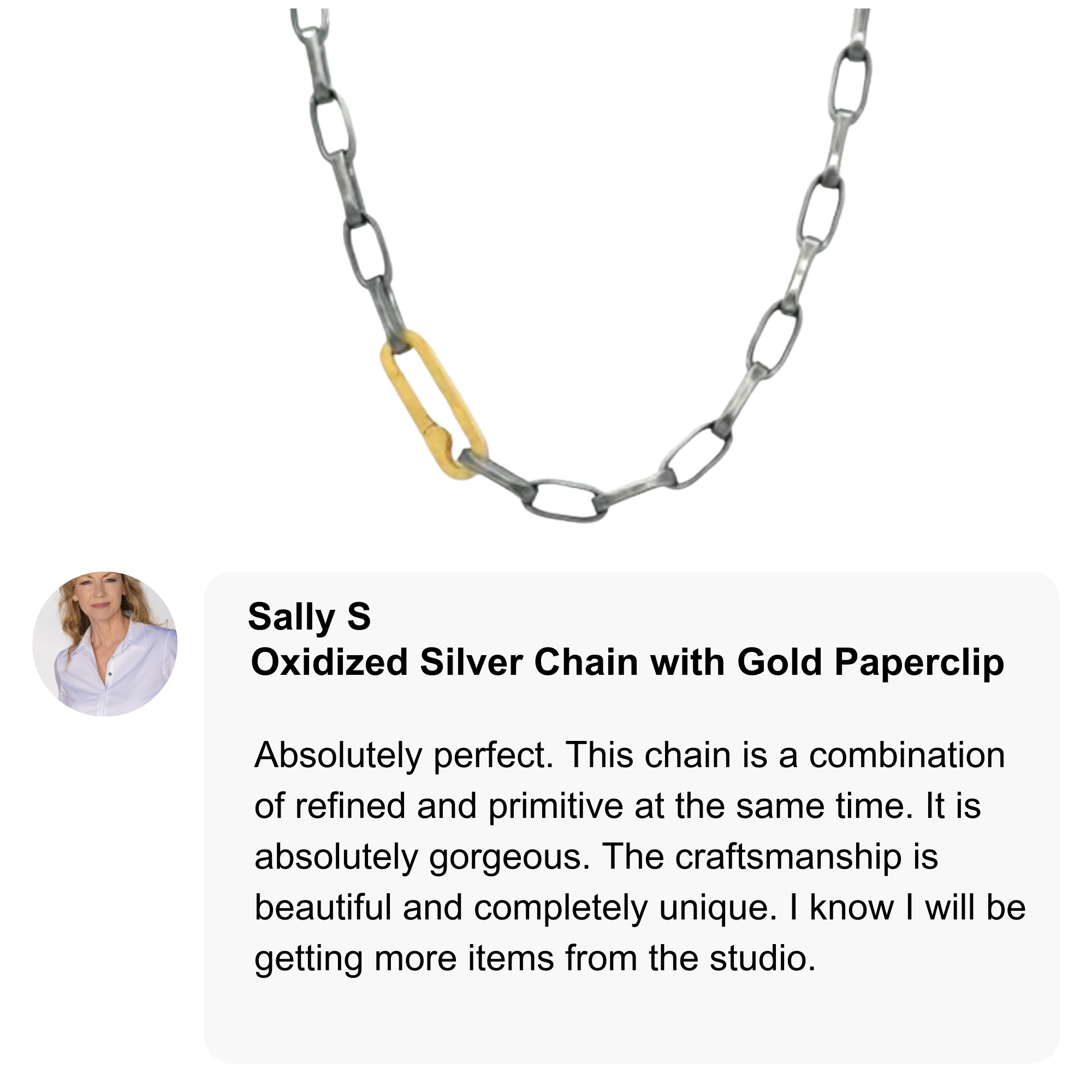 Oxidized silver chain with gold paperclip on a white background, featuring a customer review.