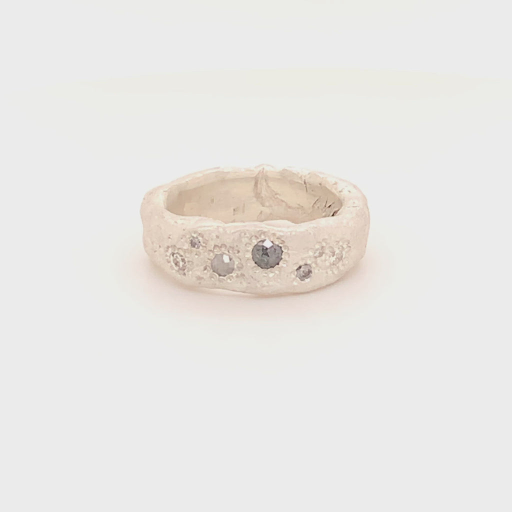 The Thrive Ring is for anyone who wants to bask in timeless beauty.  Designed with the essence of wabi-sabi, each ring is handcrafted using only the finest metals and salt and pepper diamonds. This type of diamond features a range of black & white inclusions with no two the same, making each as unique and individual as you are. 