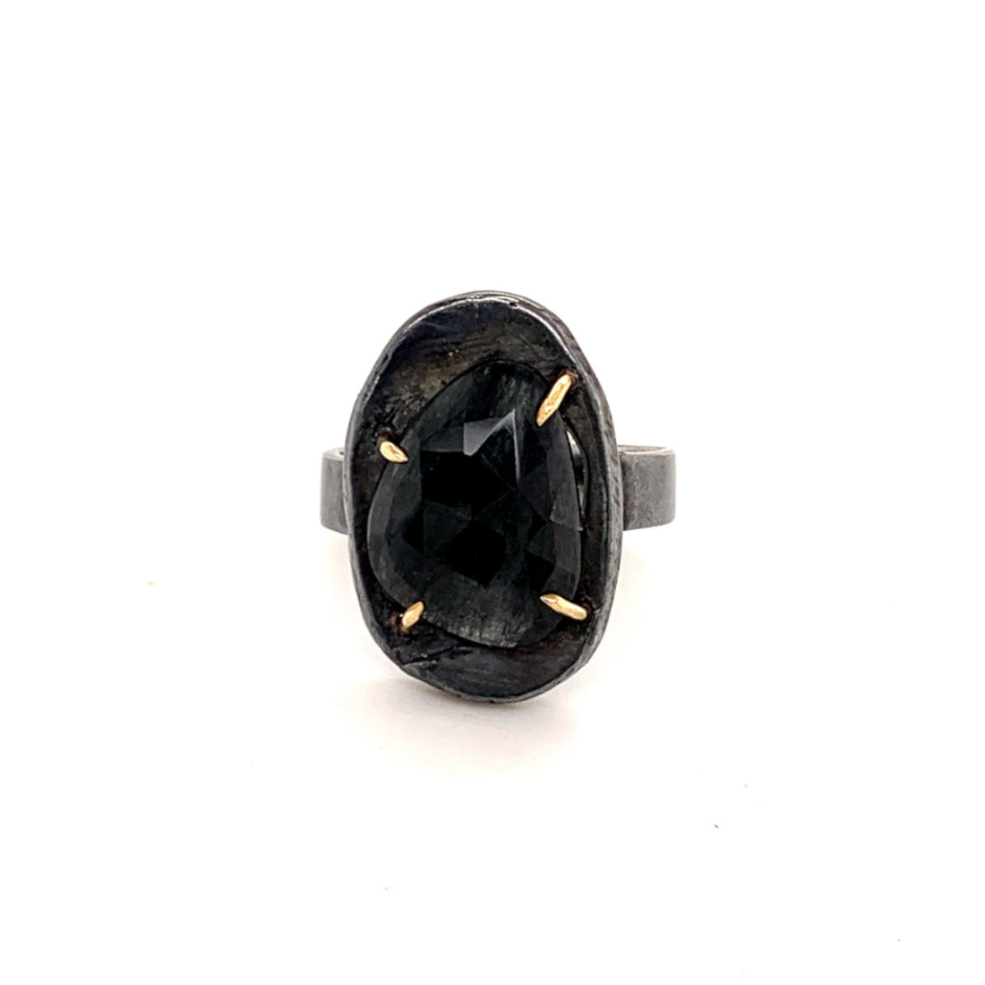 The semi precious gemstones in our collection are carefully chosen for their unique color and energy. The rose cut facets of these semi precious stones create more reflection, enhancing the beauty and radiance of the stone. This ring features Black Tourmalinated Quartz known for their double healing properties of cleansing, grounding. and clearing energy.