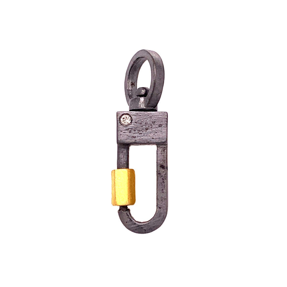 The Lock Connector with Diamond is made of solid sterling silver with a 18k gold-plated screw closure. Includes two 2.5 mm flush set white diamond and is made to swivel so your Talisman Pendants will move with your body.