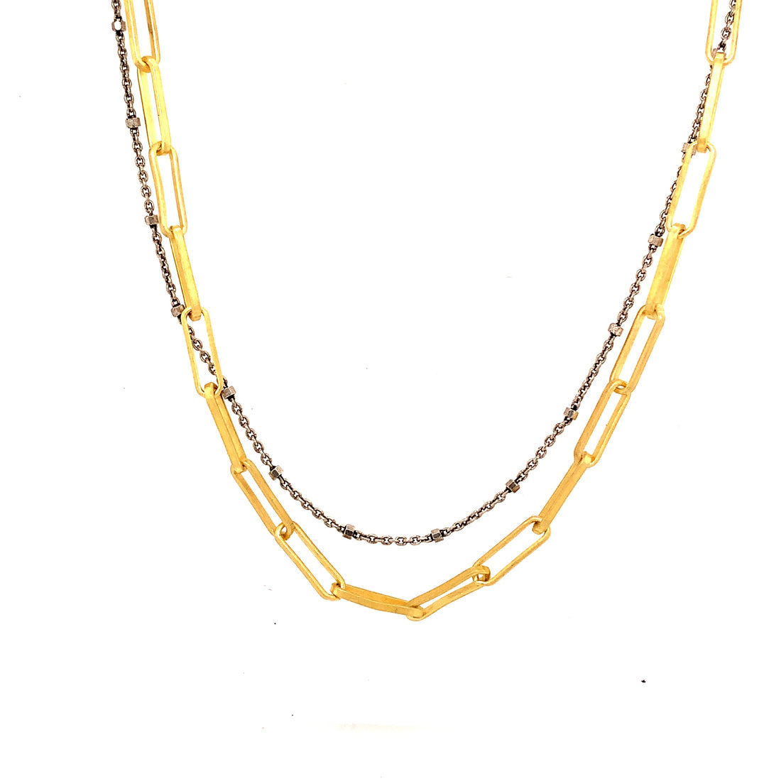 We've combined two subtle chains - one in oxidized sterling silver & the other in 14K gold-filled as a great layered necklace. You can add a few Talisman to the paperclip connector for a look that is simple and refined.
