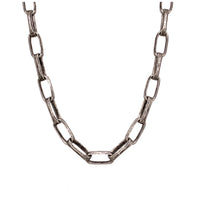 This sophisticated chain is made of solid sterling silver and the weight of it is luxurious. It has a brushed oxidized silver finish. Links are 3/8" in size