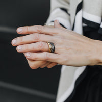 The Venus Ring is a powerful piece to celebrate a milestone. The dark oxidized finish, unique texture and sparkling white diamonds make it one of our most loved rings!  Each Venus Ring is meticulously designed with wabi-sabi intention, using only the finest precious metals and diamonds. We use the ancient lost wax casting technique to imbue each ring with character and soulful imperfections.