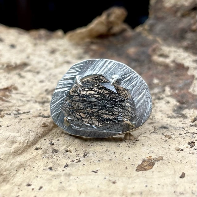 Tourmalinated Quartz Mystic Medium Gemstone Horizontal Oval Ring